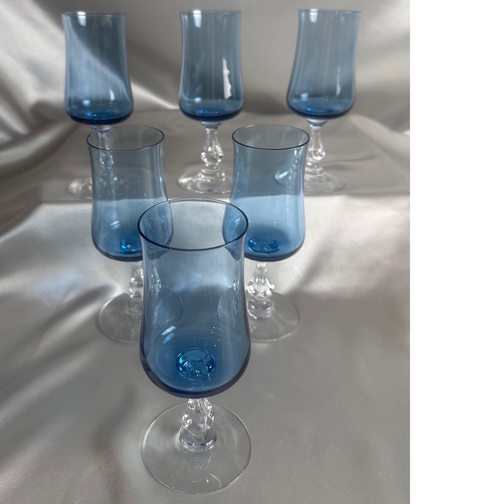 Fostoria Distinction Light Blue Wine Glasses Set of 6 Signed Vintage 6.25"